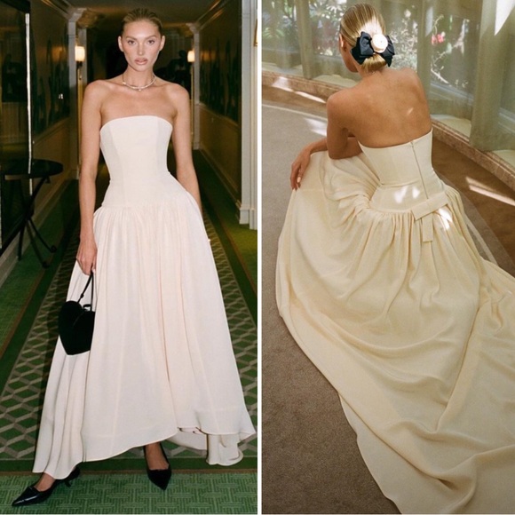 HELSA Gabrielle Strapless Silk Bow Detail Tulle High Low Pink Maxi Dress Size S